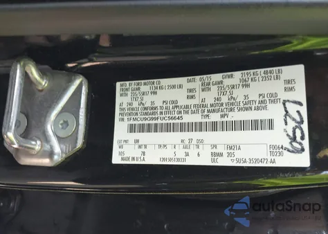 2015 Ford Escape Se z USA, uszkodzony, nr VIN 1FMCU9G99FUC56645